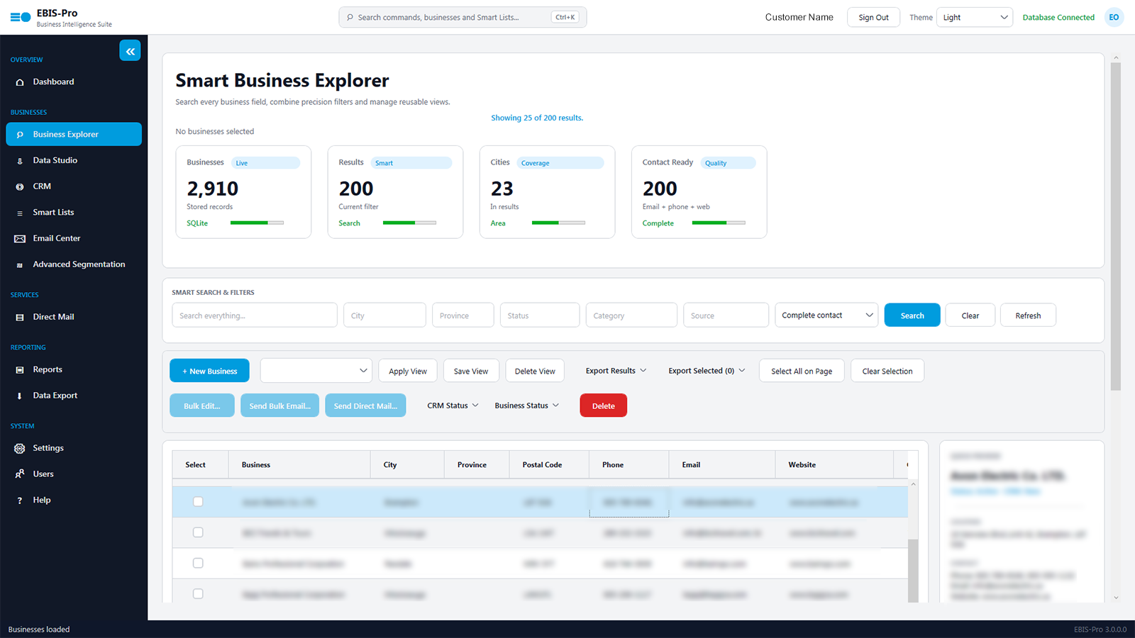Business Explorer listing businesses with filters