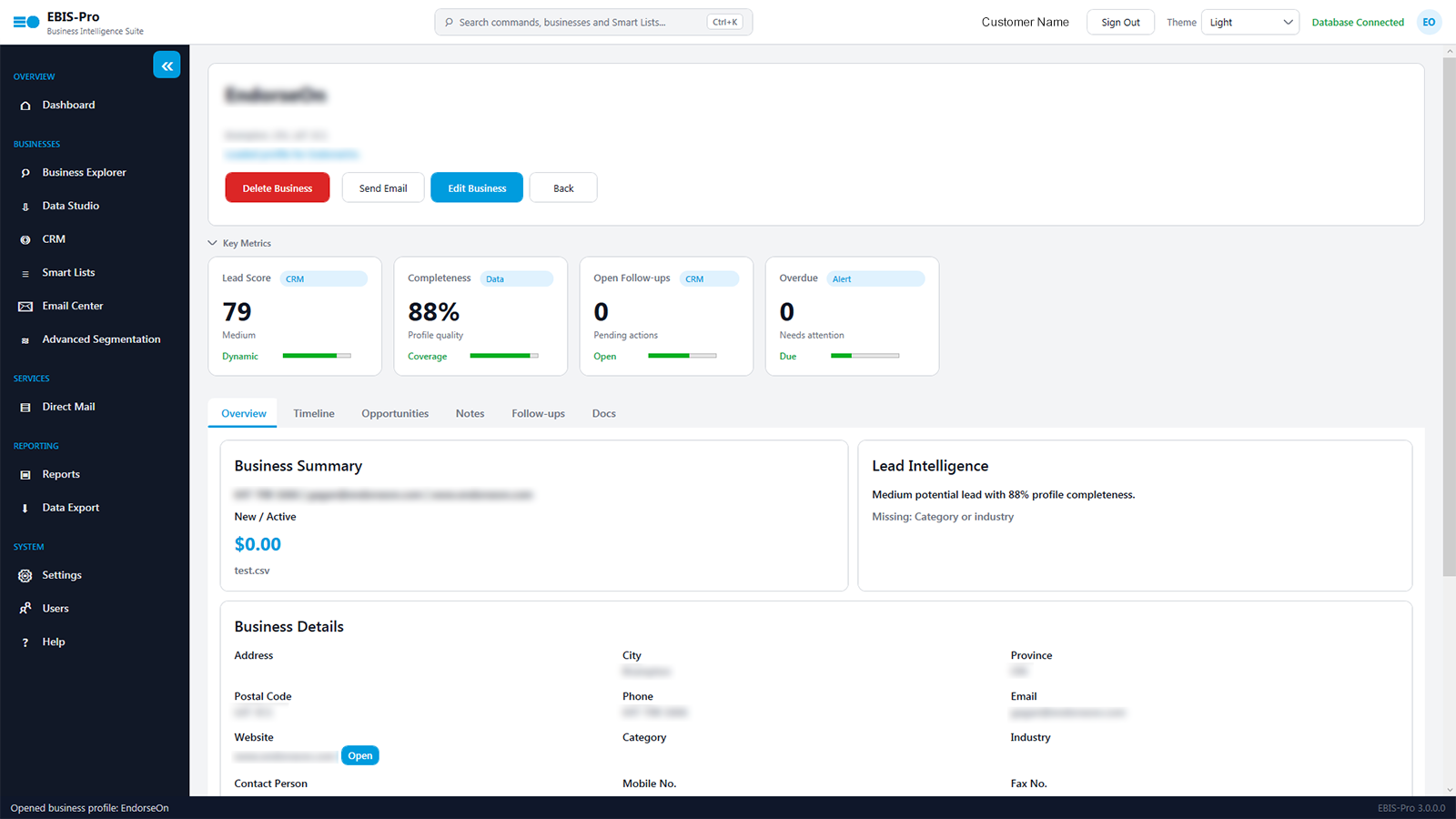 EBIS-Pro Business Profile screen