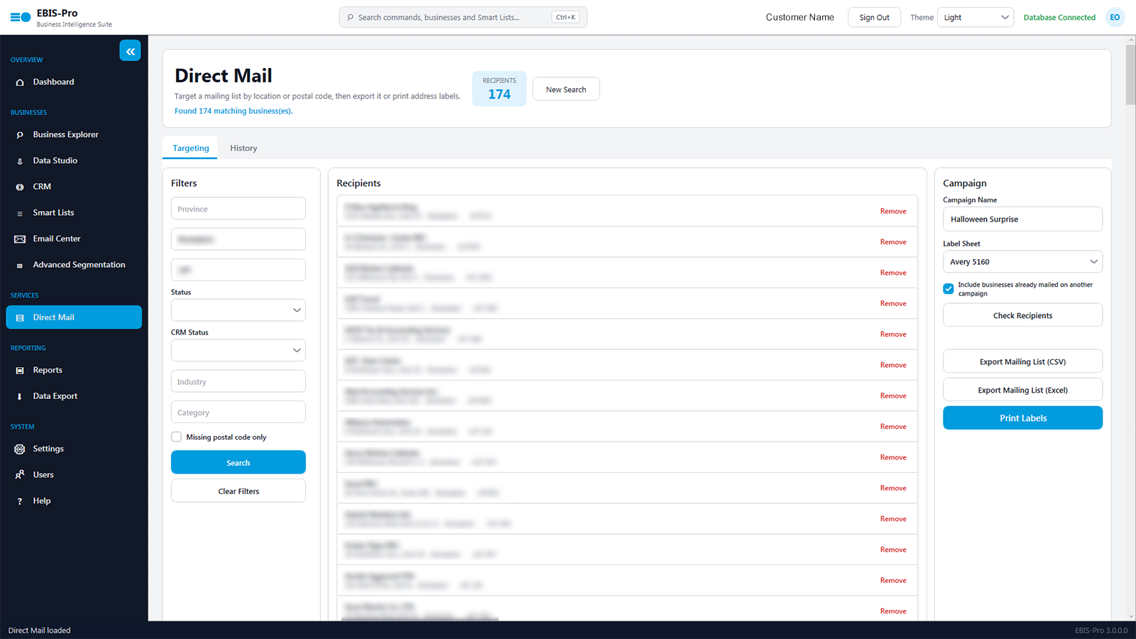 EBIS-Pro Direct Mail screen