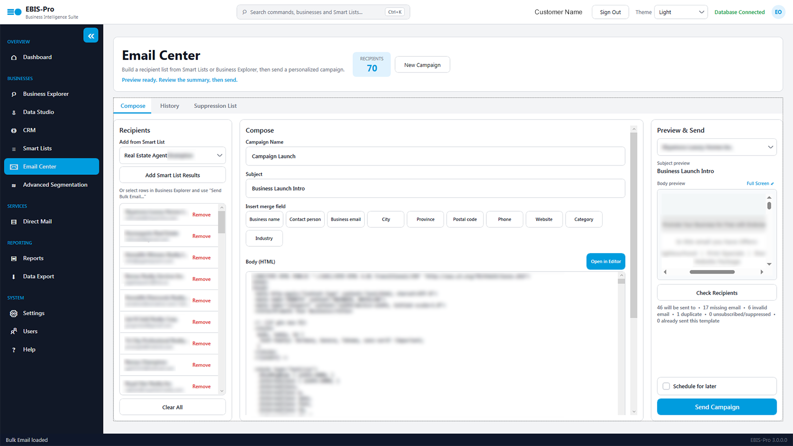 Email Center composing a personalized campaign