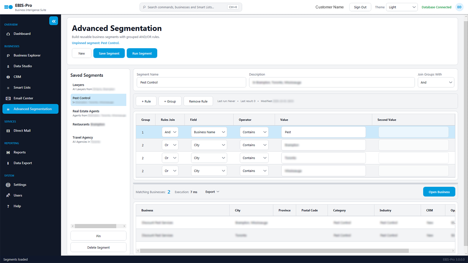 EBIS-Pro Smart Lists & Segmentation screen