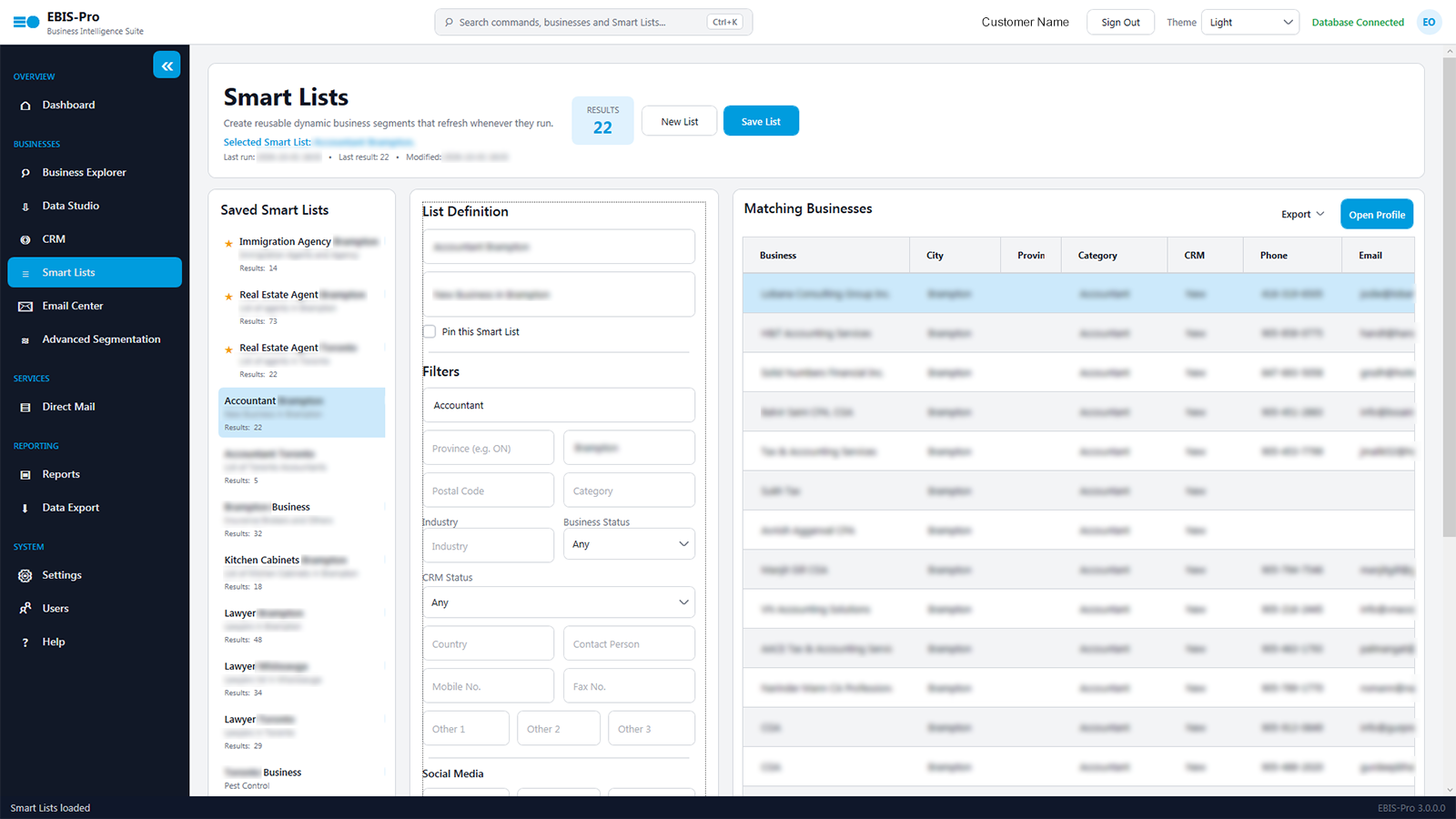 Smart Lists showing saved, pinned lists